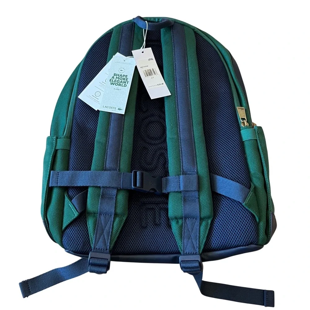 Lacoste‎ Kids Green Navy Blue Varsity Logo Backpack Bag 9A6219-F9W NWT